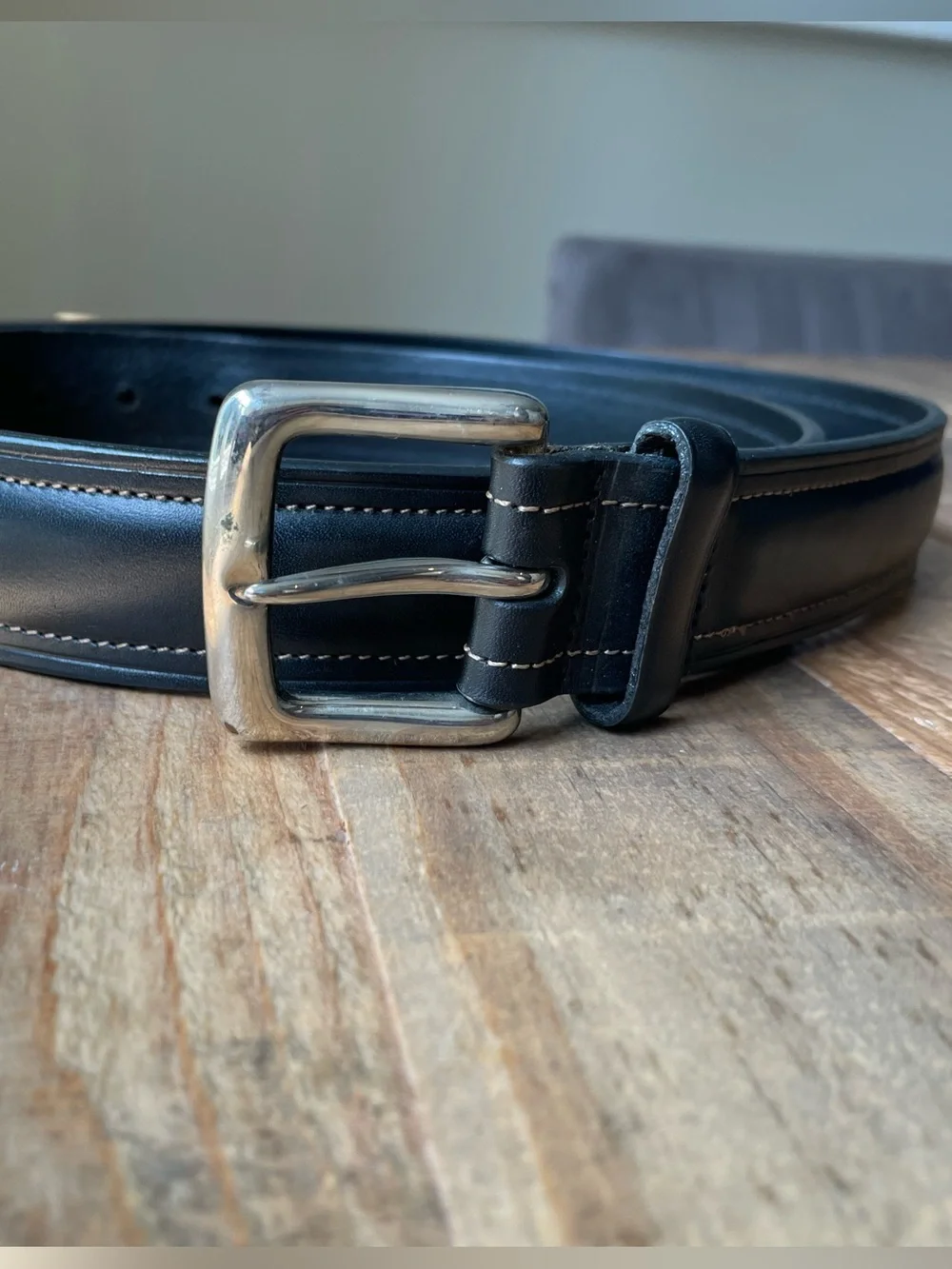 Polo Ralph Lauren Belt Black Italian Leather Solid Brass Buckle Stitch Mens 40
